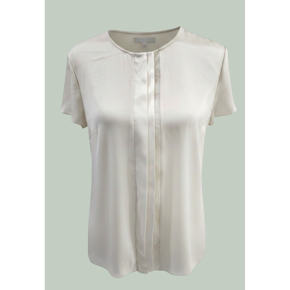 Hugo Boss Ikadi Silk‎ Blend Pleated Front Blouse Cream Ivory Short Sleeve US 6